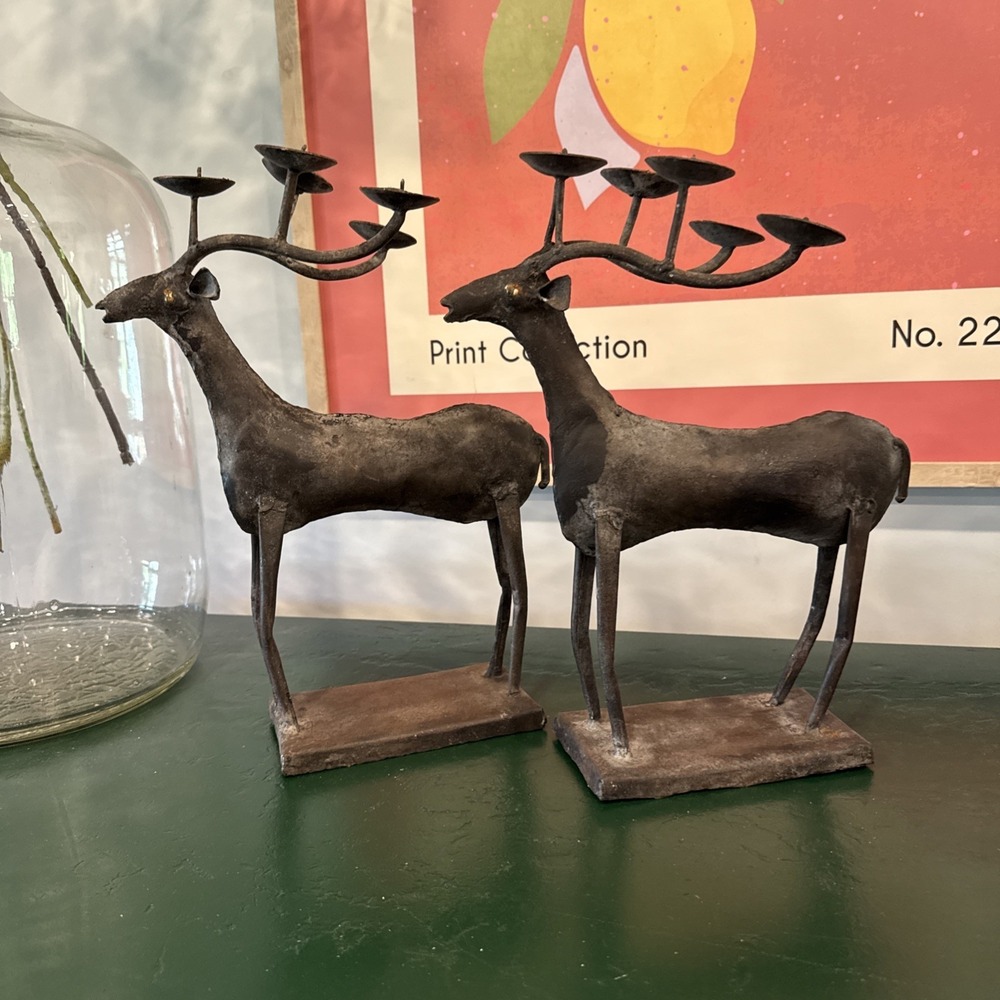 Lot of 2 Metal Rustic Reindeer 5 candle holder decor deer black vint 12&13" tall